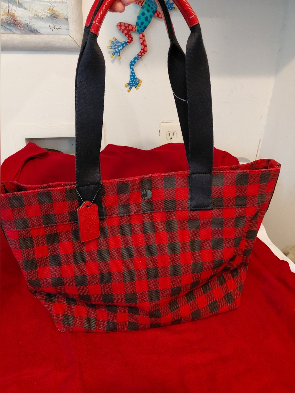 Coach Large Tote Buffalo Check Plaid Gingham Red Black  39848
